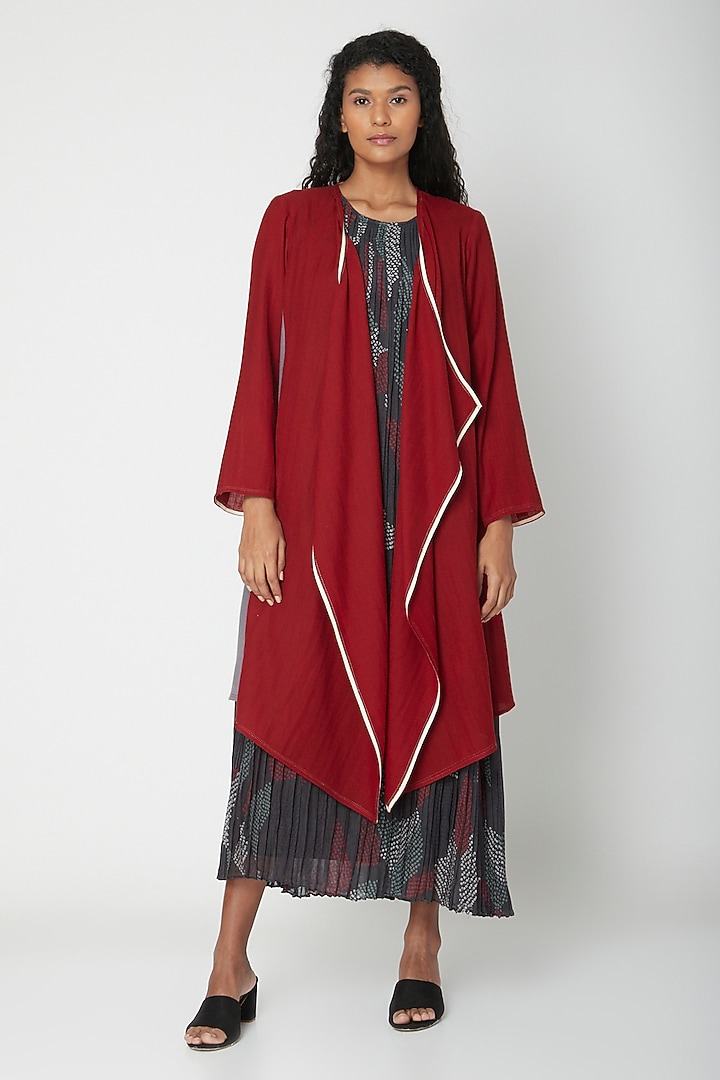 Red Handwoven Long Jacket by Urvashi Kaur at Pernia's Pop Up Shop