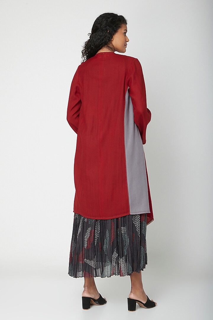 Red Handwoven Long Jacket by Urvashi Kaur at Pernia's Pop Up Shop