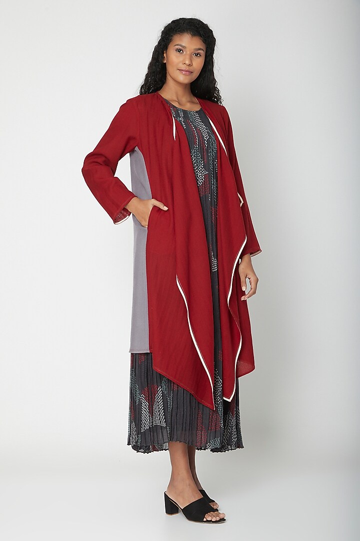 Red Handwoven Long Jacket by Urvashi Kaur at Pernia's Pop Up Shop