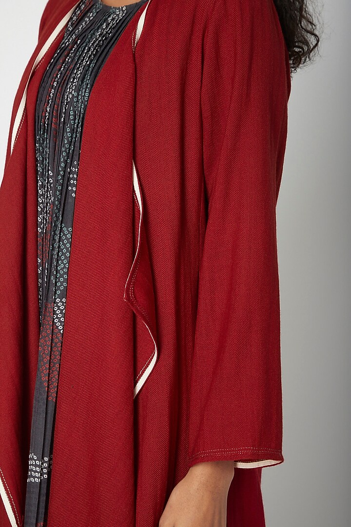 Red Handwoven Long Jacket by Urvashi Kaur at Pernia's Pop Up Shop