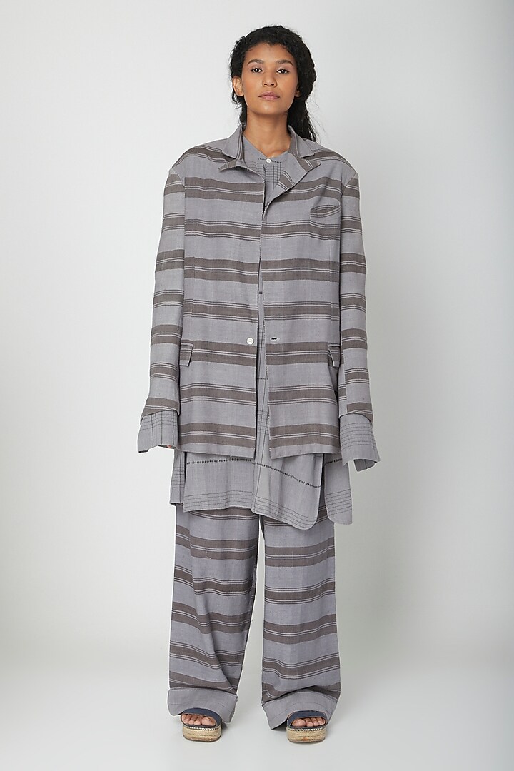 Grey Jacket With Printed Stripes by Urvashi Kaur at Pernia's Pop Up Shop