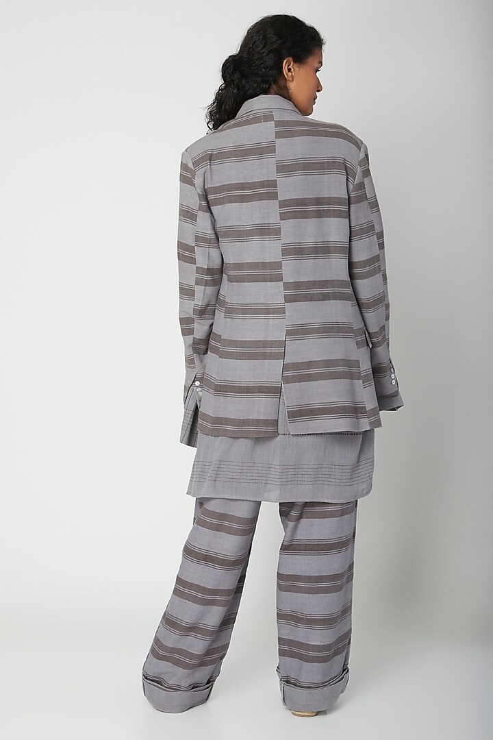 Grey Jacket With Printed Stripes by Urvashi Kaur at Pernia's Pop Up Shop