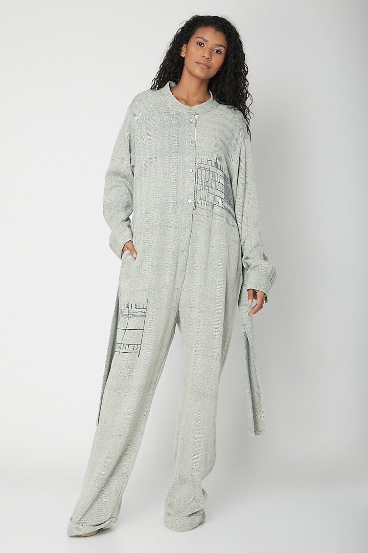 Teal Handwoven Printed Jumpsuit by Urvashi Kaur at Pernia's Pop Up Shop