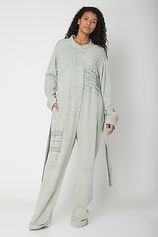 Teal Handwoven Printed Jumpsuit by Urvashi Kaur
