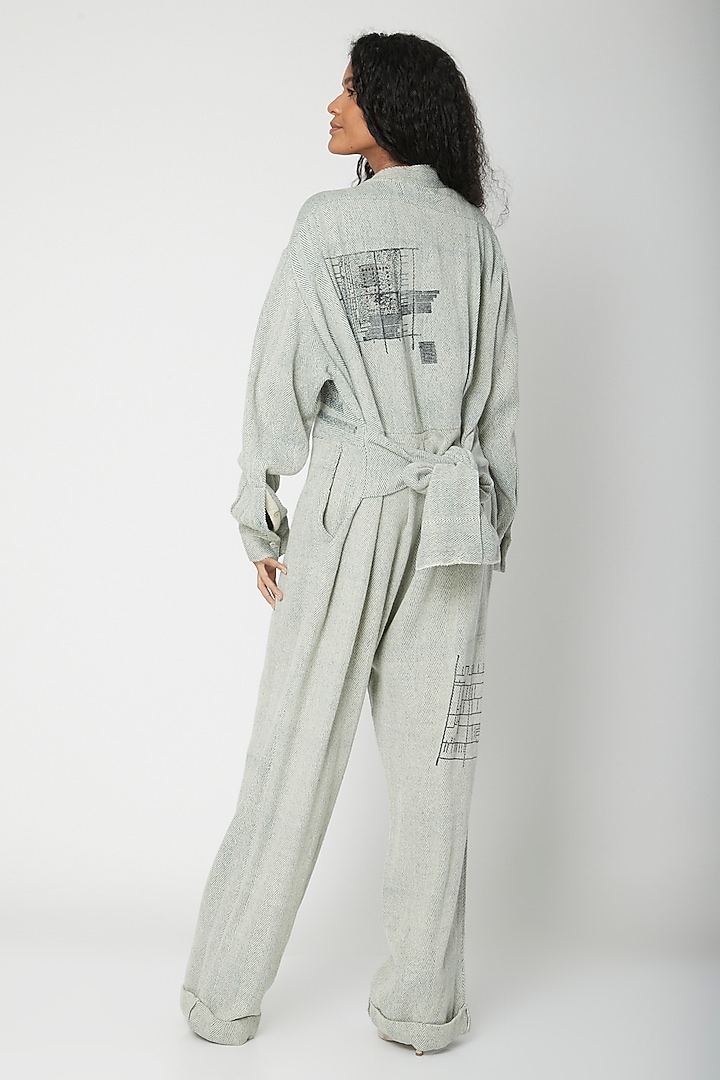 Teal Handwoven Printed Jumpsuit by Urvashi Kaur at Pernia's Pop Up Shop