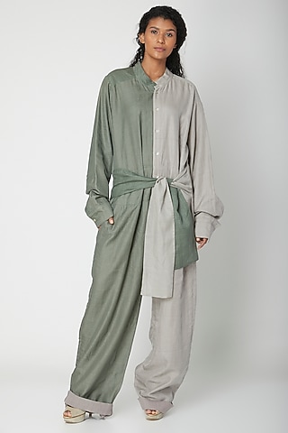 Teal Chanderi Silk Jumpsuit by Urvashi Kaur