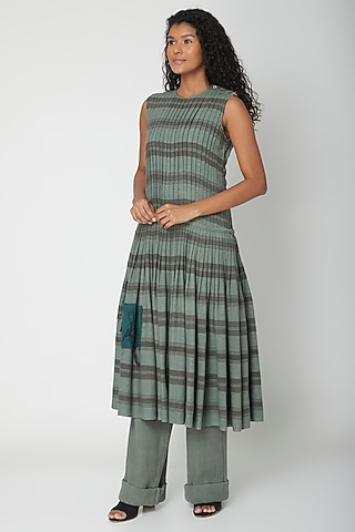 Teal Handwoven Cotton Pants by Urvashi Kaur