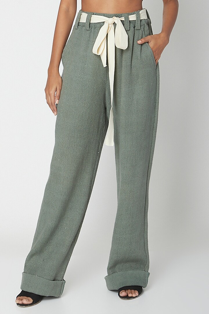 Teal Handwoven Cotton Pants by Urvashi Kaur at Pernia's Pop Up Shop