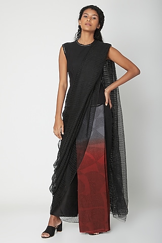 Red Ombre Shibori Print Saree by Urvashi Kaur