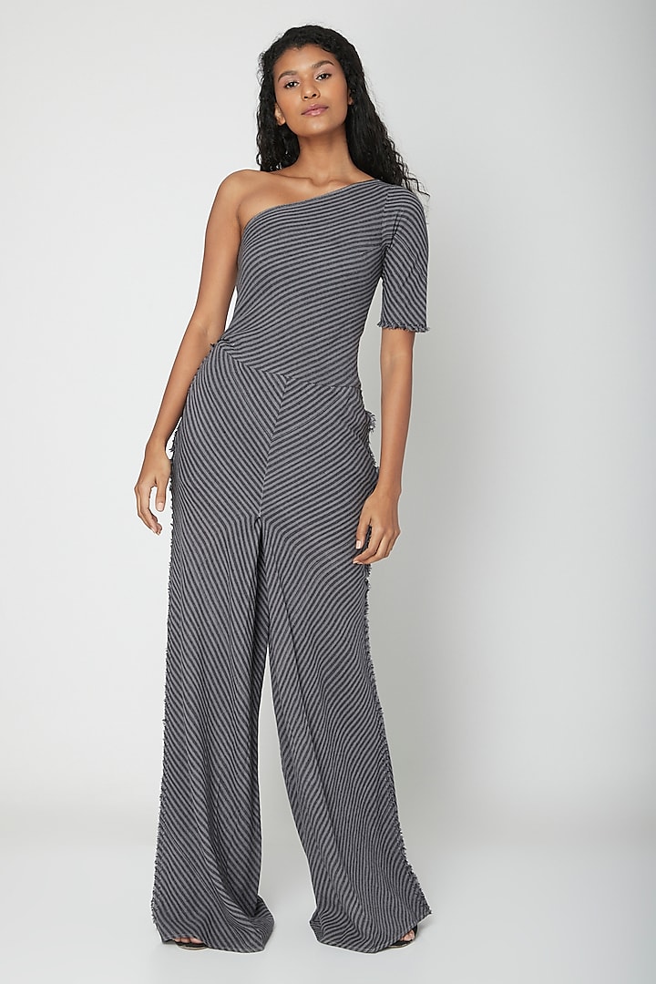 Grey Jumpsuit With Printed Stripes by Urvashi Kaur