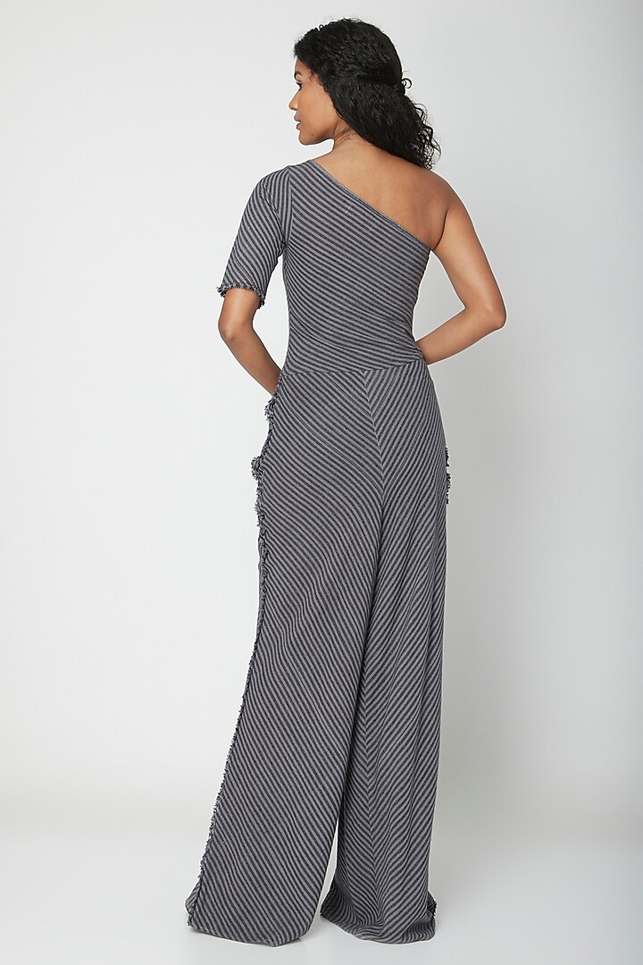 Grey Jumpsuit With Printed Stripes by Urvashi Kaur at Pernia's Pop Up Shop