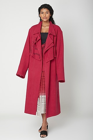 Red Handwoven Printed Jacket by Urvashi Kaur