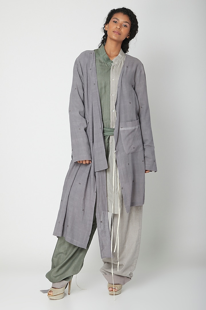 Grey Handwoven Cotton Jacket by Urvashi Kaur
