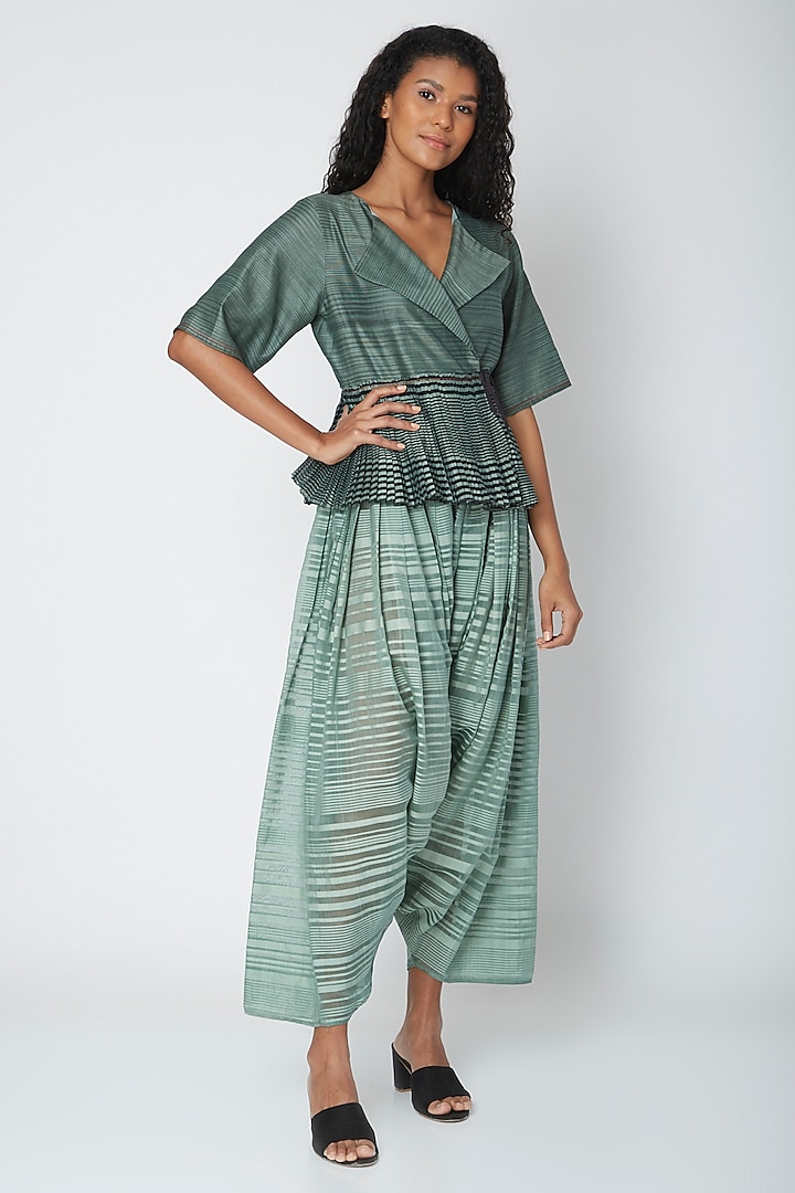 Teal Chanderi Silk Peplum Top by Urvashi Kaur at Pernia's Pop Up Shop