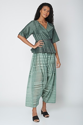 Teal Chanderi Silk Peplum Top by Urvashi Kaur