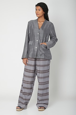 Grey Chanderi Silk Blazer by Urvashi Kaur