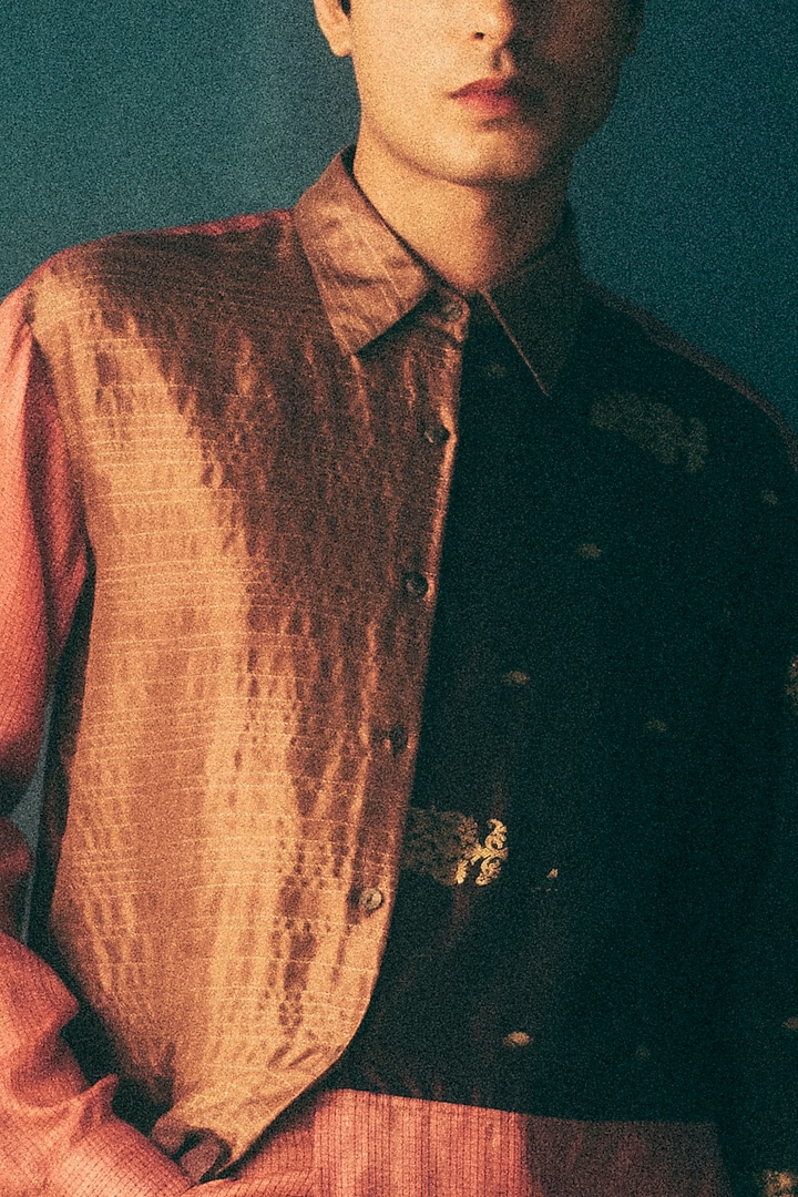 Brown & Quartz Pink Block Printed Wedding Shirt by Urvashi Kaur Men at Pernia's Pop Up Shop