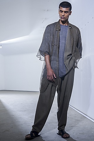 Olive Printed Oversized Shirt by Urvashi Kaur Men