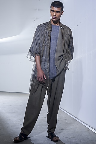 Dark Grey Handwoven Organic Cotton Panelled Top by Urvashi Kaur Men