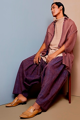 Onion Pink Kota Cotton Oversized Shirt by Urvashi Kaur Men