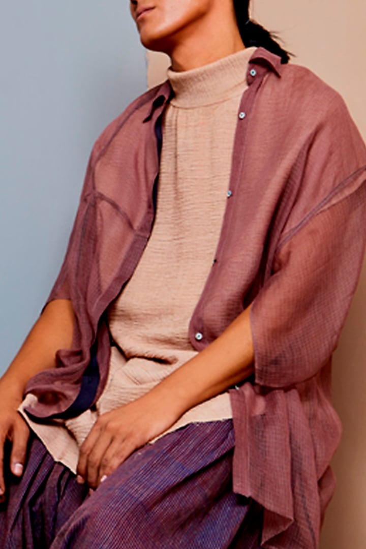 Onion Pink Kota Cotton Oversized Party Wear Shirt by Urvashi Kaur Men at Pernia's Pop Up Shop