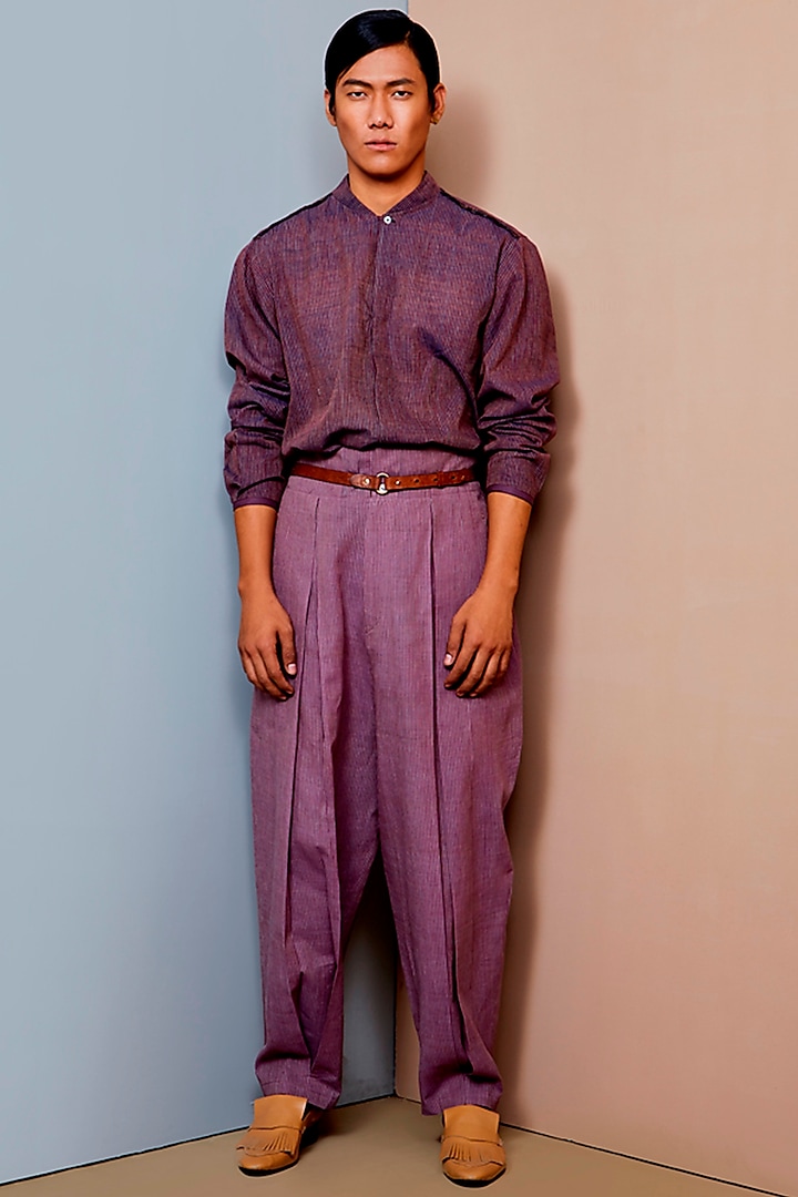 Plum & Black Cotton Shirt by Urvashi Kaur Men