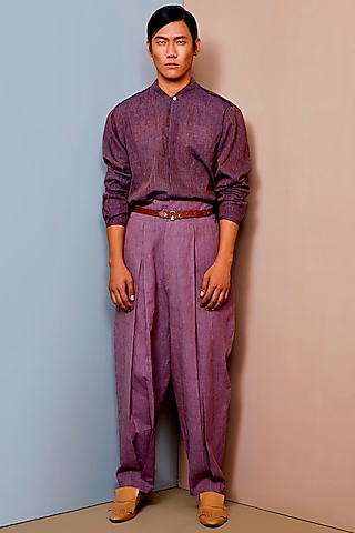 Onion Pink Cotton Pleated Pants by Urvashi Kaur Men