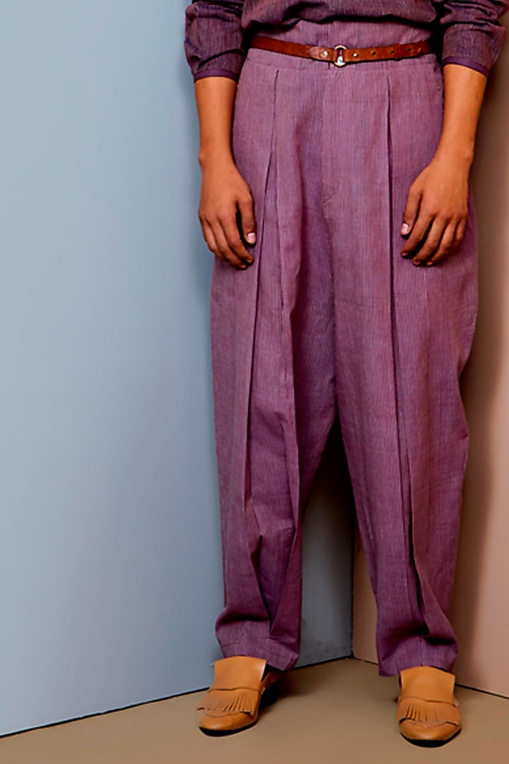 Onion Pink Cotton Pleated Pants by Urvashi Kaur Men at Pernia's Pop Up Shop