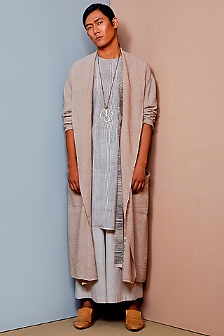 Pale Grey Cotton Long Jacket by Urvashi Kaur Men