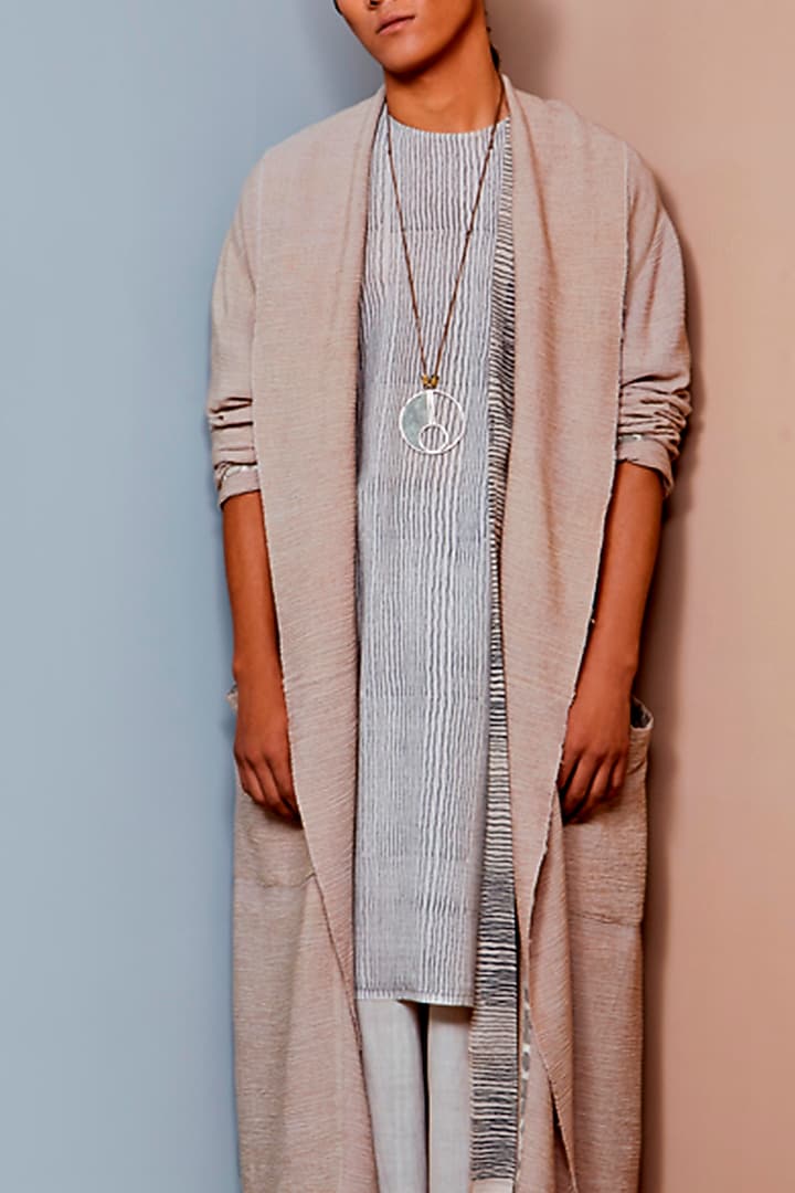 Pale Grey Cotton Long Jacket by Urvashi Kaur Men at Pernia's Pop Up Shop