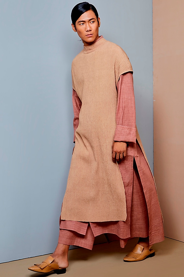 Beige Cotton Long Tunic by Urvashi Kaur Men