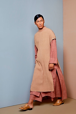 Salmon Cotton Long Tunic by Urvashi Kaur Men