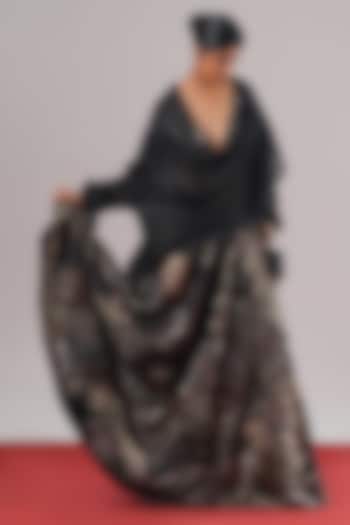 Black Brocade Silk Patchwork Flared Skirt by Urvashi Kaur at Pernia's Pop Up Shop