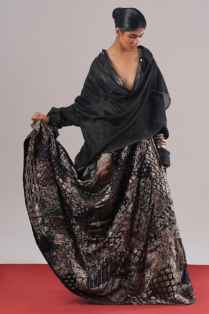 Black Brocade Silk Patchwork Flared Skirt by Urvashi Kaur at Pernia's Pop Up Shop