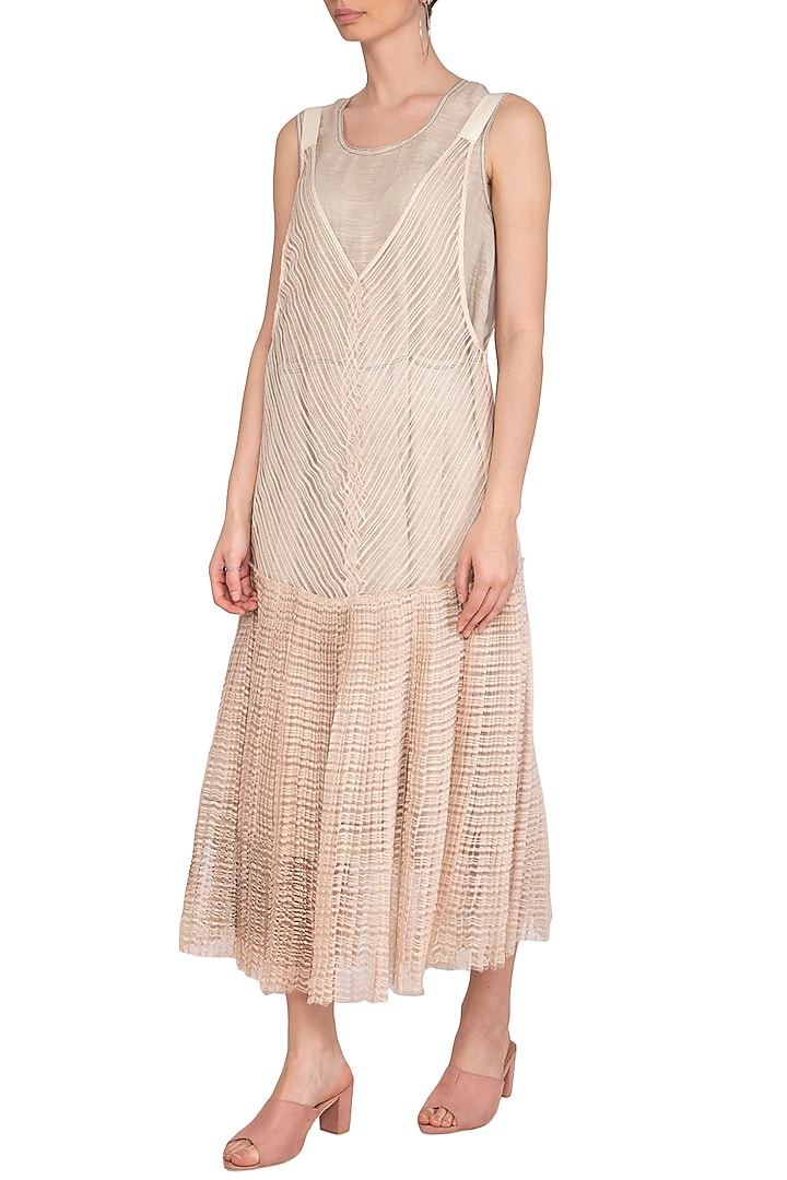 Salmon Pink Block Printed Sheer Vacation Dress by Urvashi Kaur at Pernia's Pop Up Shop