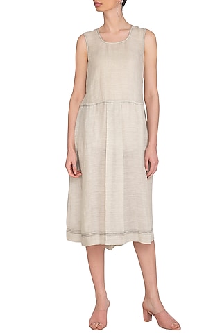 Grey Block Printed Pleated Dress by Urvashi Kaur