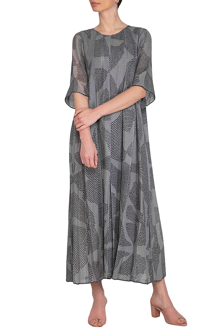Grey Shibori Box Pleated Vacation Dress by Urvashi Kaur at Pernia's Pop Up Shop