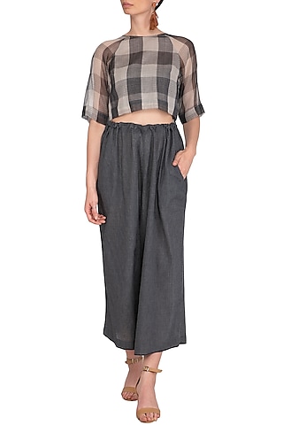 Grey Checks Sheer Crop Top by Urvashi Kaur