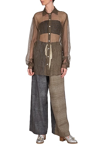 Olive Green Tailored Sheer Shirt by Urvashi Kaur