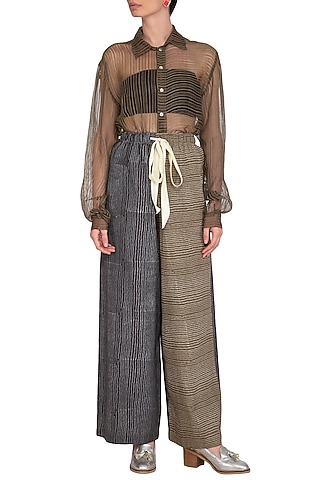 Olive Green & Grey Block Printed Slouchy Pants by Urvashi Kaur