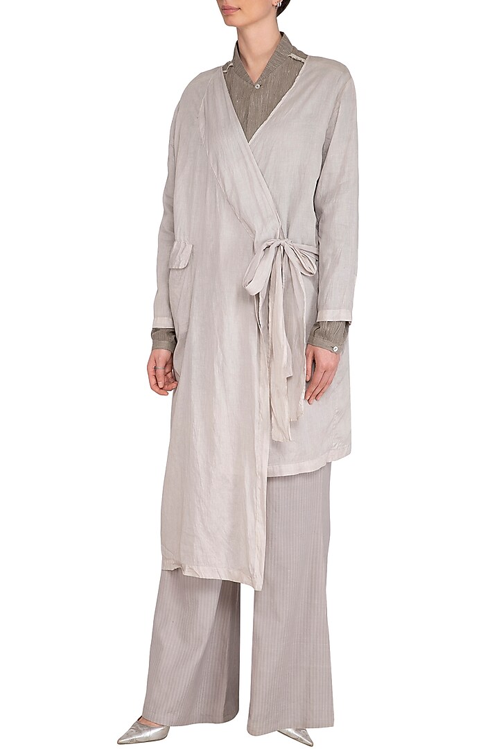 Grey Crushed Tie-Up Overlay Jacket by Urvashi Kaur at Pernia's Pop Up Shop