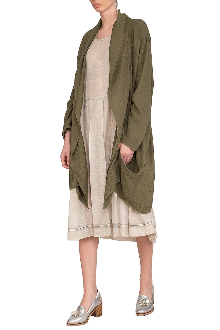 Olive Green Textured Slouchy Jacket by Urvashi Kaur at Pernia's Pop Up Shop