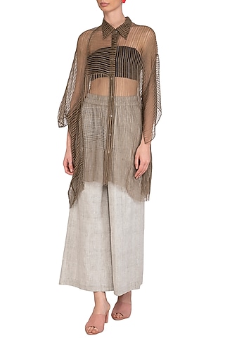Olive Green Block Printed Sheer Oversized Shirt by Urvashi Kaur