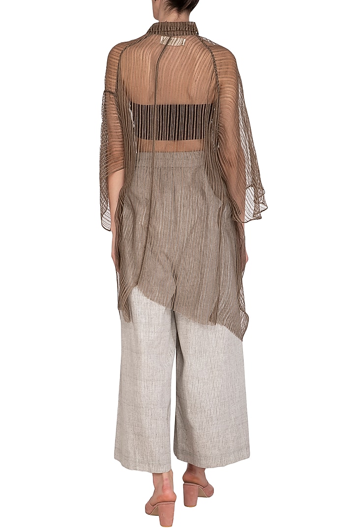 Olive Green Block Printed Sheer Oversized Shirt by Urvashi Kaur at Pernia's Pop Up Shop