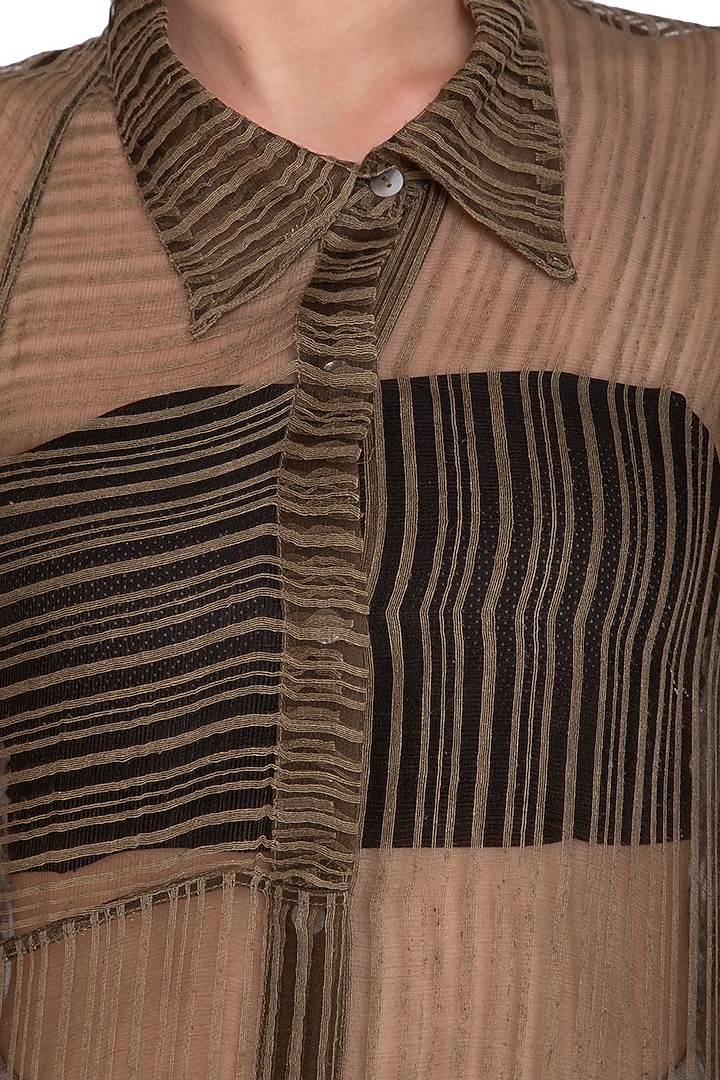 Olive Green Block Printed Sheer Oversized Shirt by Urvashi Kaur at Pernia's Pop Up Shop