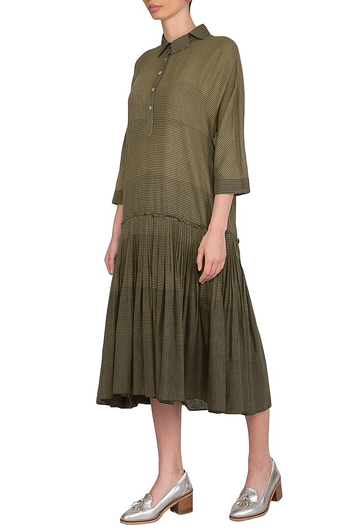 Olive Green Hand Tucked Vacation Dress by Urvashi Kaur at Pernia's Pop Up Shop