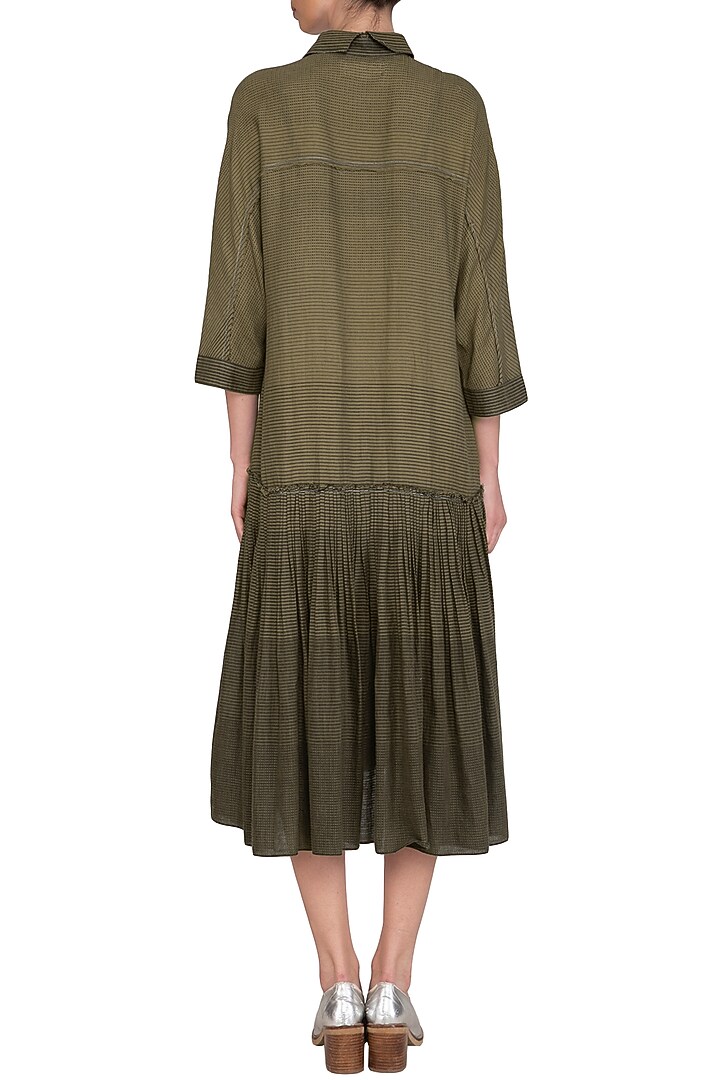 Olive Green Hand Tucked Vacation Dress by Urvashi Kaur at Pernia's Pop Up Shop