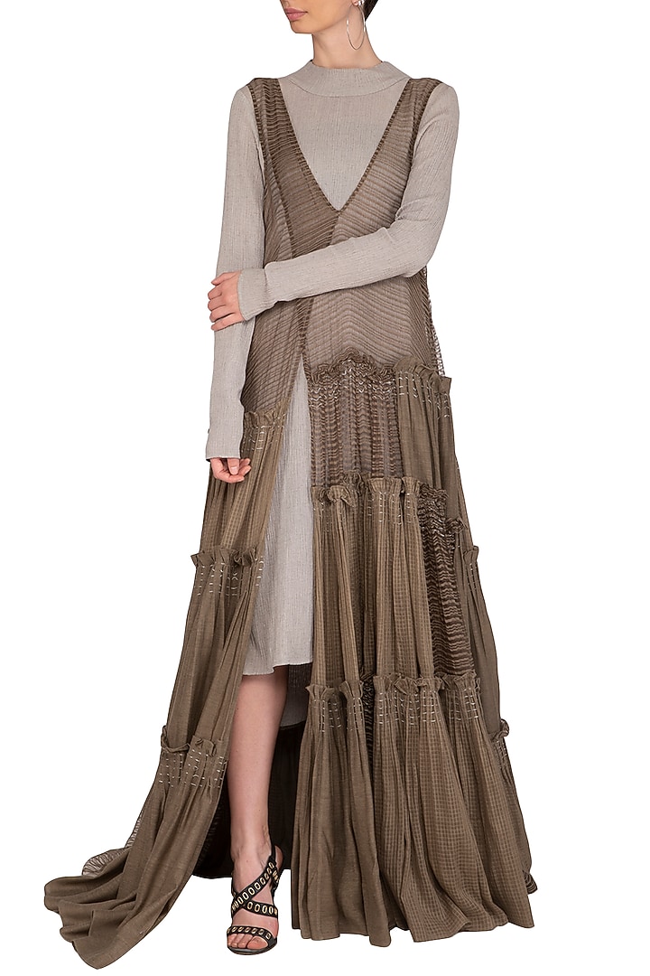 Olive Green Block Printed Tiered Sheer Cocktail Dress by Urvashi Kaur at Pernia's Pop Up Shop