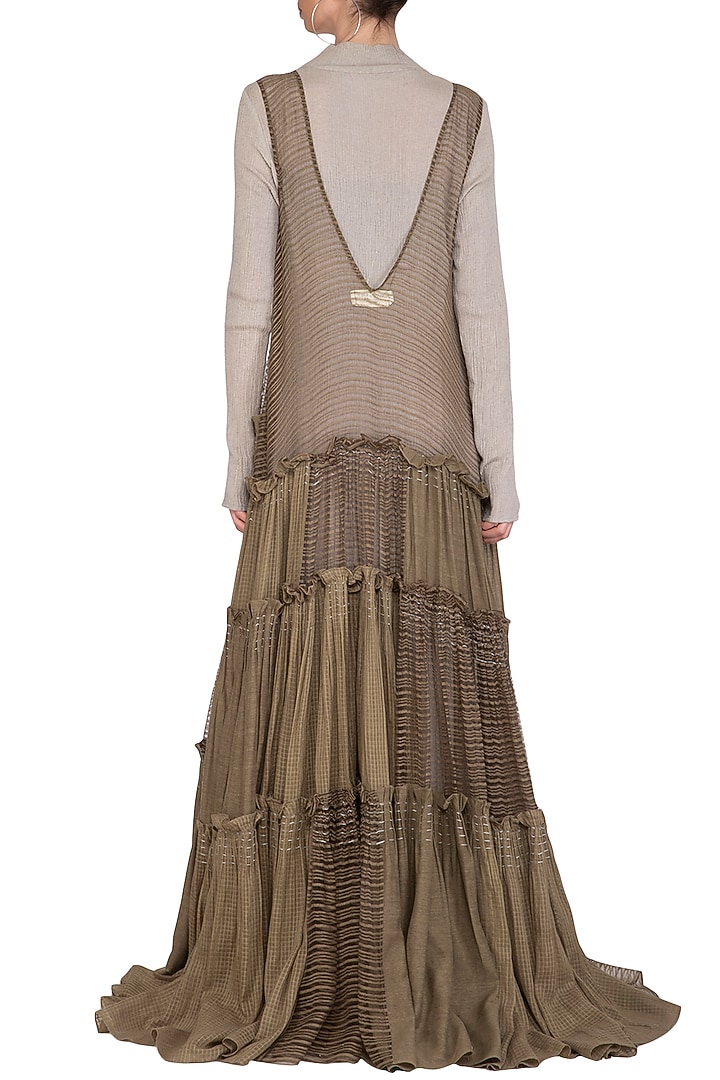 Olive Green Block Printed Tiered Sheer Cocktail Dress by Urvashi Kaur at Pernia's Pop Up Shop