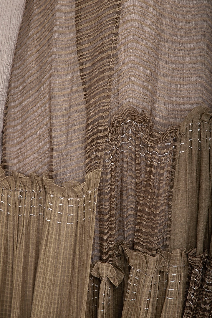 Olive Green Block Printed Tiered Sheer Cocktail Dress by Urvashi Kaur at Pernia's Pop Up Shop